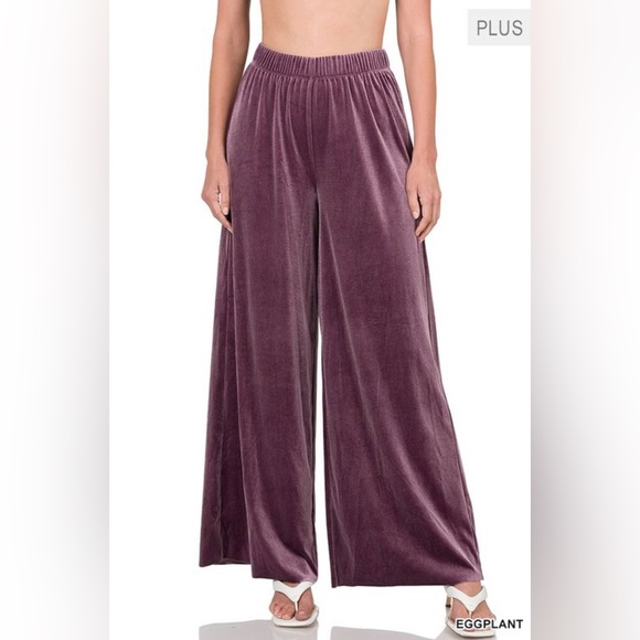 Zenana Outfitters Pants - 1X Plus Size Eggplant Palazzo Long Gaucho Pants Bottoms